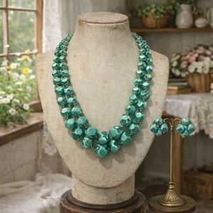 Vintage 1960s Teal Iridescent Beaded Double Strand Necklace,Clip on Earring set